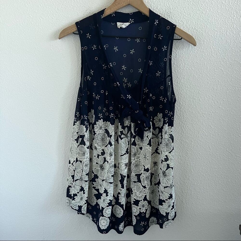Ember Raised Painted Floral Navy Semi Sheer Secretary Tie Bow Top Blouse Shirt M